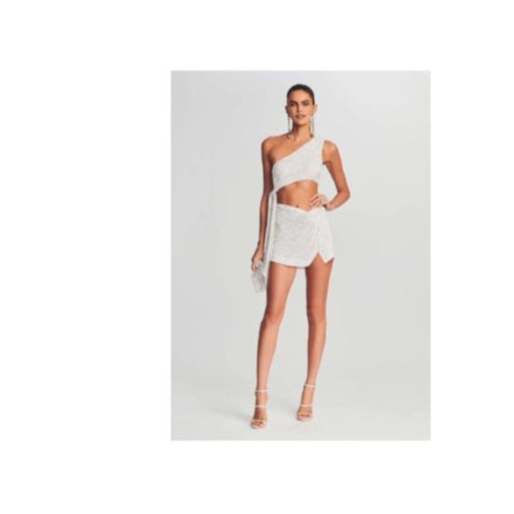 Retrofete Quinn sequin top and Ezra sequin skirt in white.